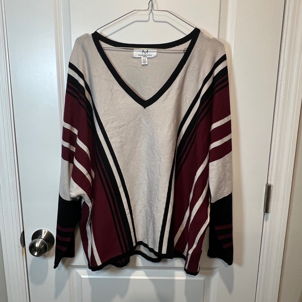 Magaschoni Women Sweater V-Neck Geometric Striped Burgundy 1X